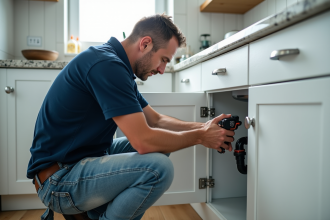 Plombier homme examinant des tuyaux PVC sous un évier moderne