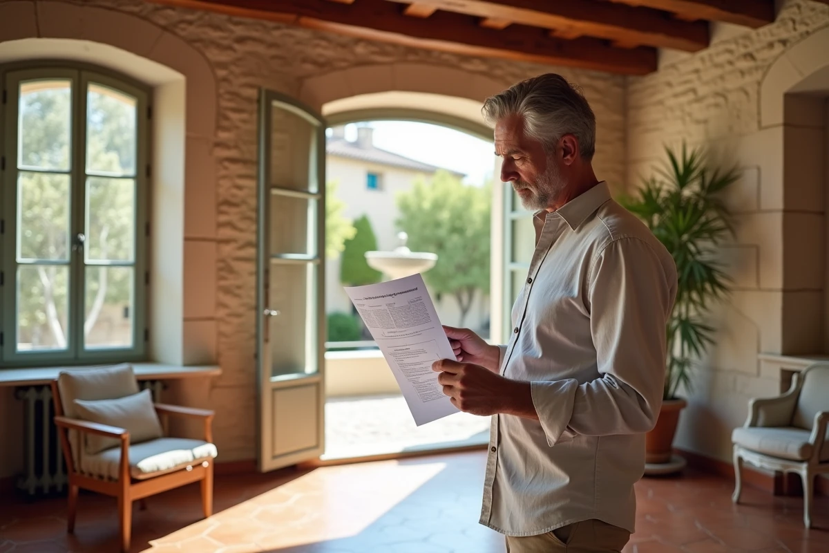 Propriétaire consultant un rapport d'estimation immobilière dans un appartement provençal typique d'Aix-en-Provence