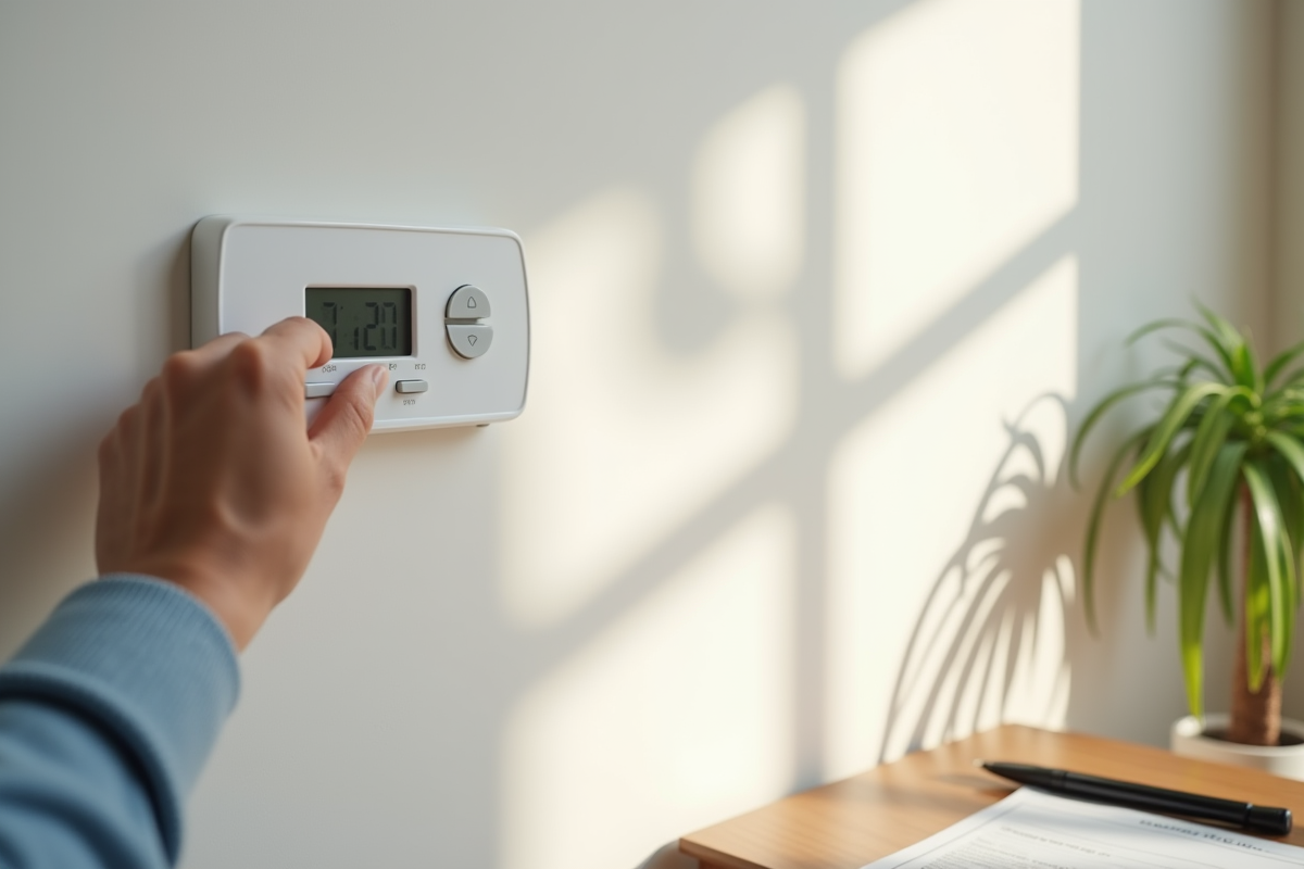 Main ajustant le thermostat dans un appartement lumineux