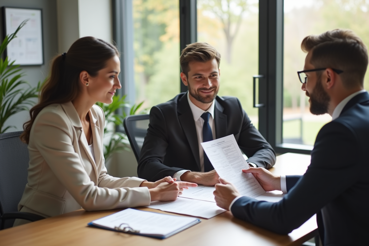 Jeune couple rencontrant un conseiller financier dans un bureau lumineux