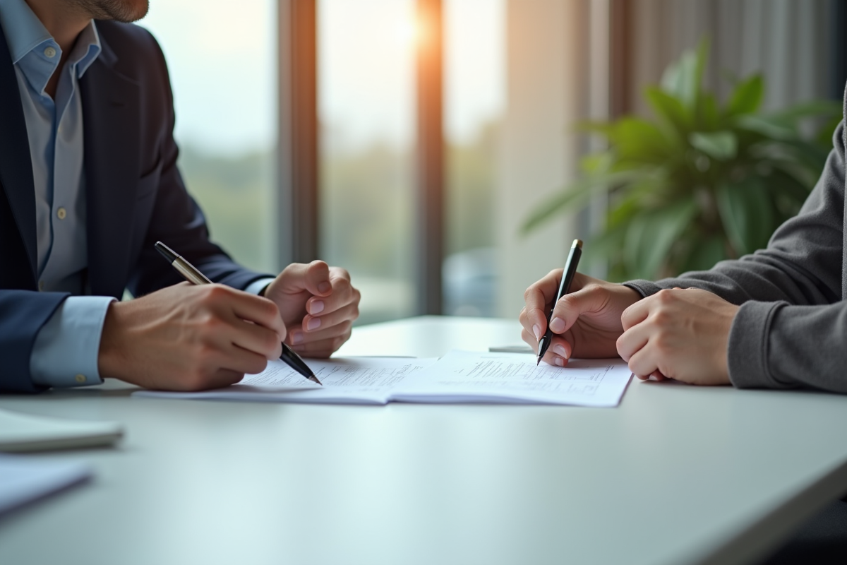 Deux personnes discutent de documents juridiques dans un bureau lumineux