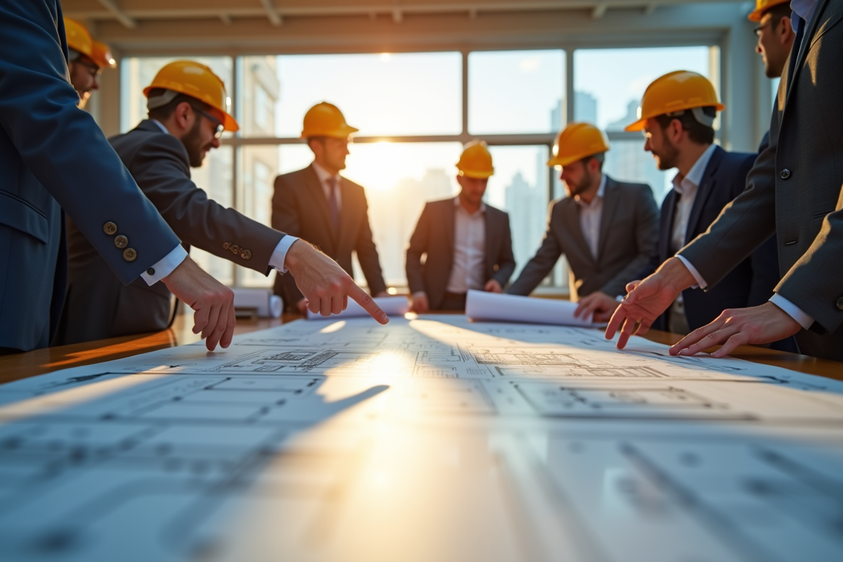Réunion sur chantier avec architectes et ingénieurs