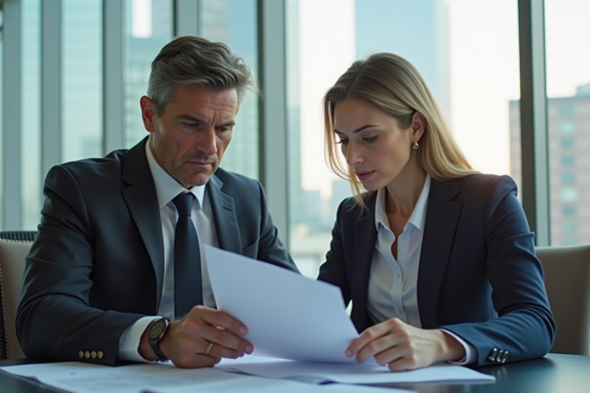 Homme et femme examinant des documents immobiliers dans un bureau moderne