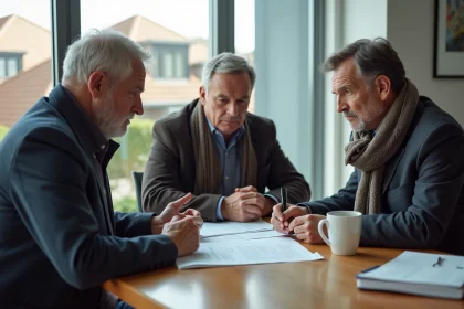 Groupe de propriétaires d'immeuble en réunion d'assurance toiture