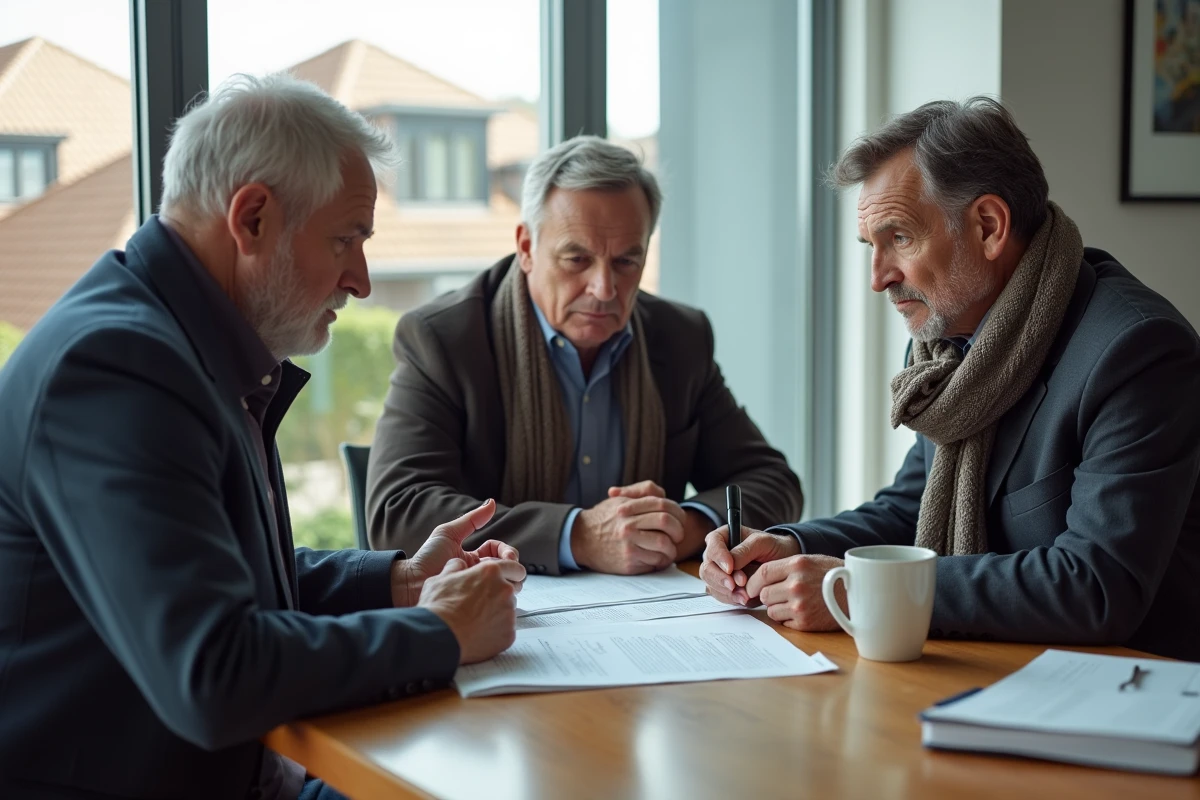 Groupe de propriétaires d'immeuble en réunion d'assurance toiture