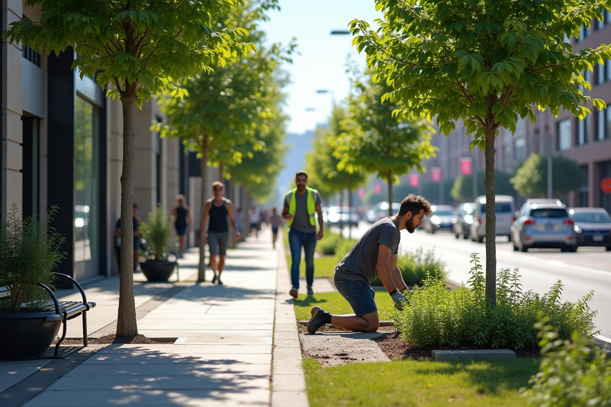 Travailleurs plantant des arbres dans une rue revitalisee