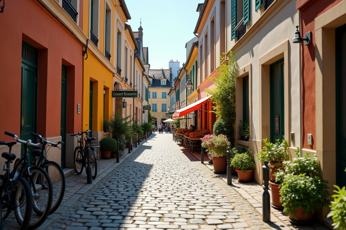 Rue colorée avec maisons anciennes et marché local