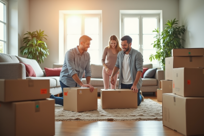 Salon spacieux avec cartons de déménagement et famille organisée