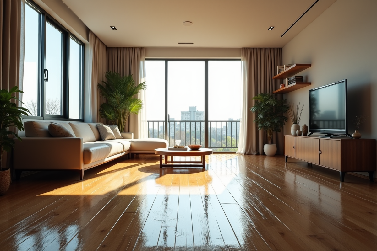 Salon inonde appartement moderne avec eau sur le sol