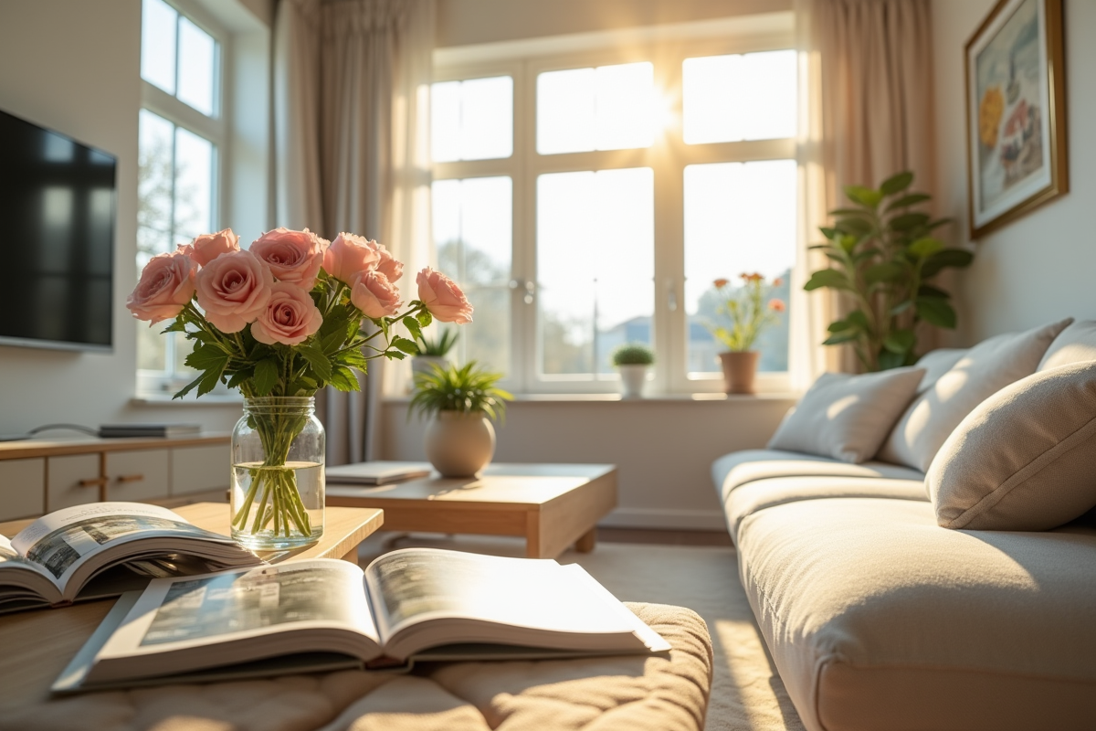 Salon clair avec grandes fenêtres et fleurs fraîches sur la table