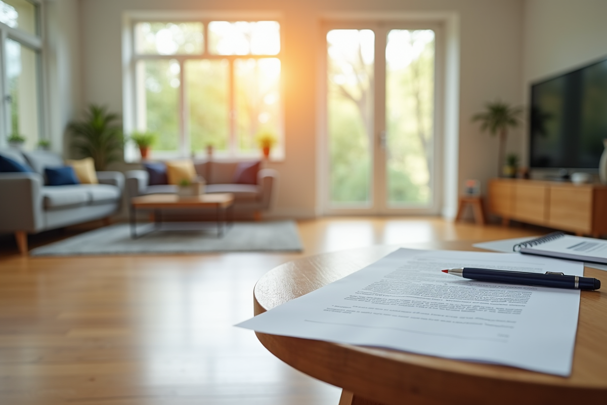 Salon lumineux avec papiers d assurance sur une table moderne