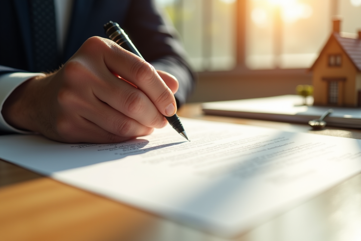 Main signant un contrat officiel sur un bureau en bois ensoleille