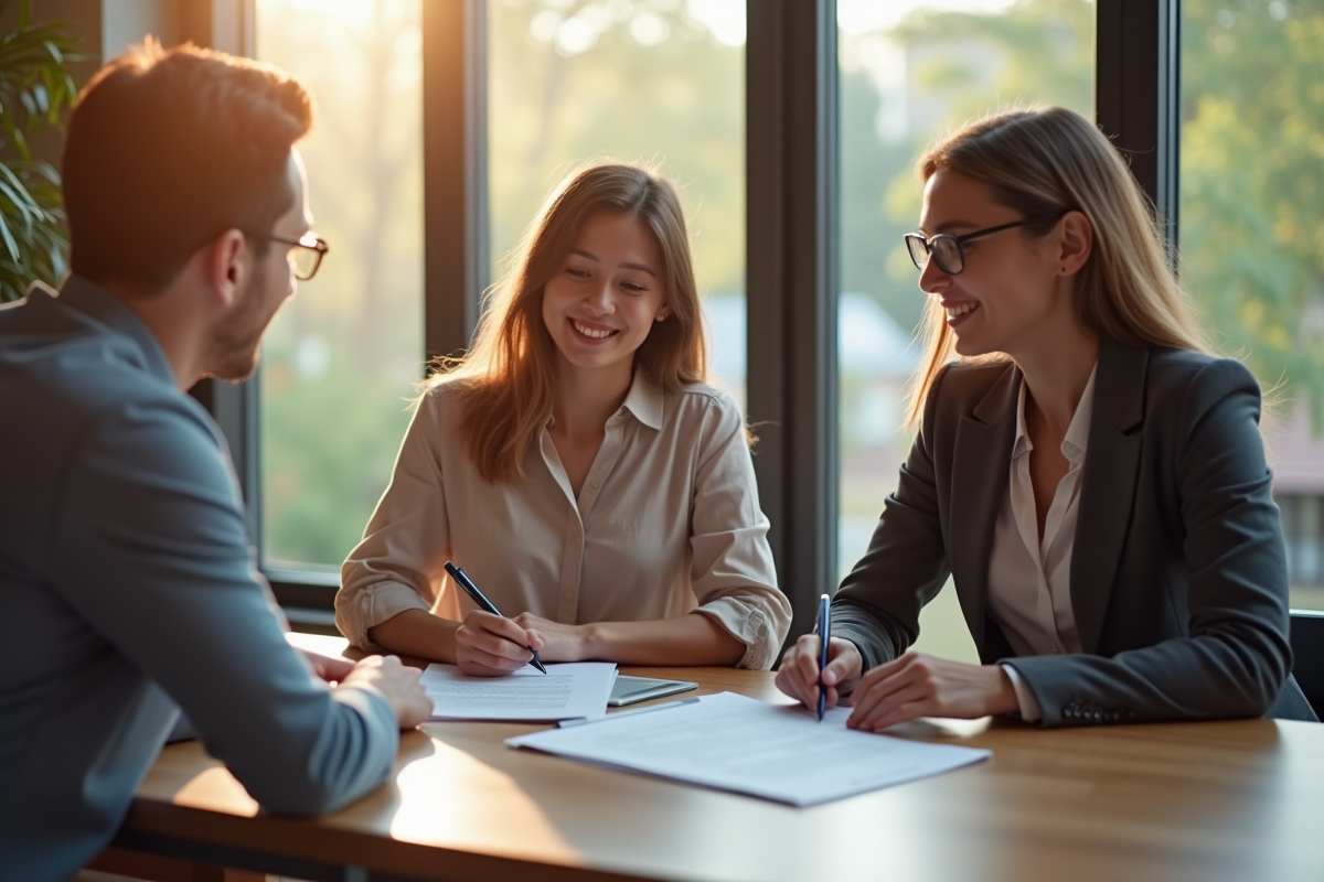 Jeune couple signant un contrat immobilier avec un agent
