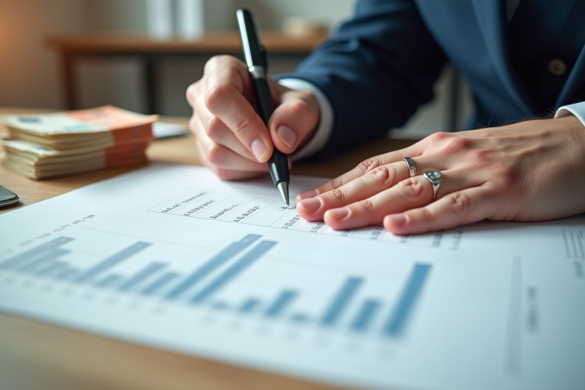 Mains signant un contrat de pret sur un bureau avec des billets