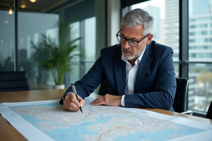 Urbaniste examine une carte de la ville dans un bureau
